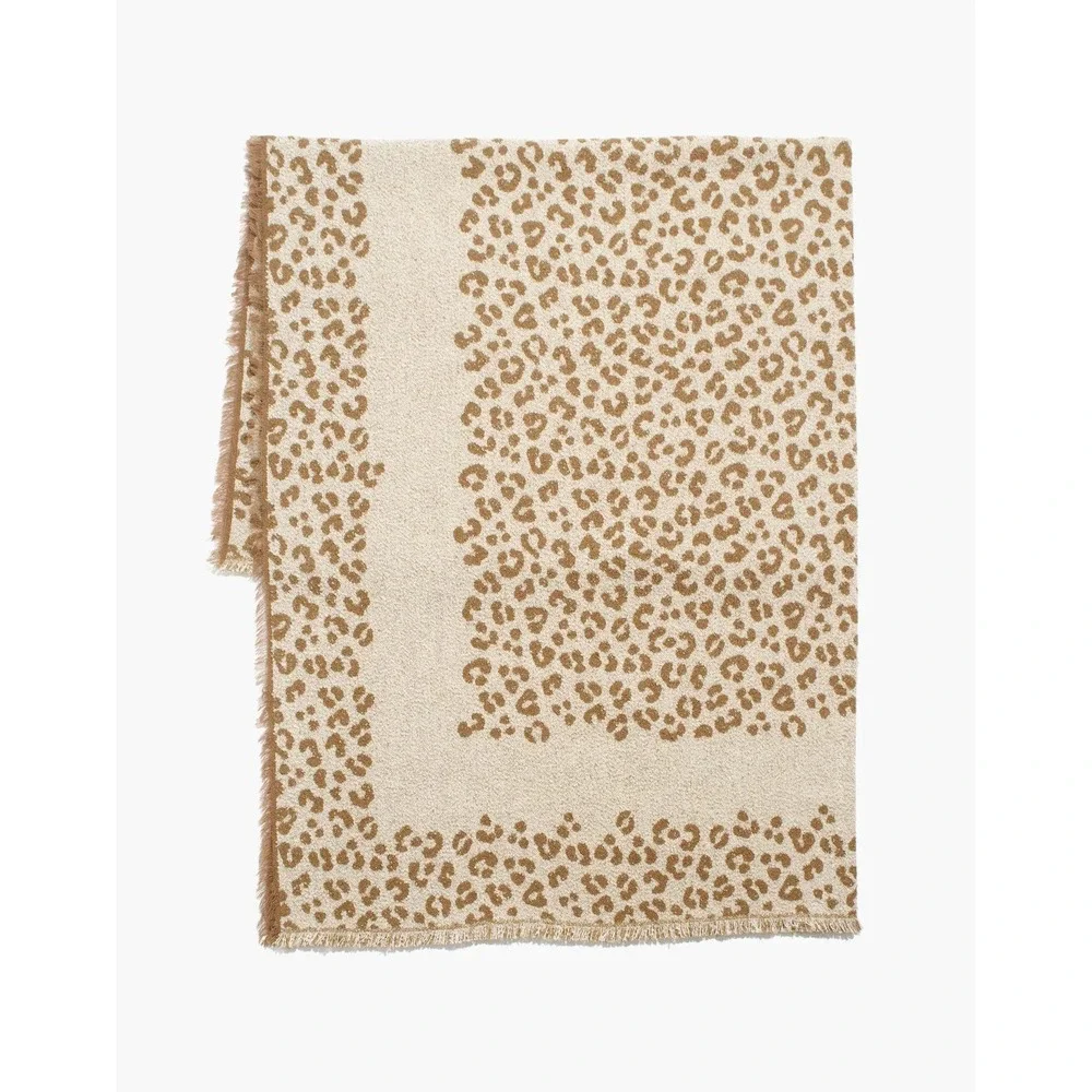 Bandana‎ Scarf in Mini Cheetah Print Fringed Edge Large Square Cozy Warm Beige